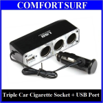Triple Car Cigarette Lighter Socket with USB Port